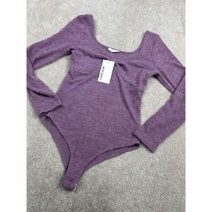 Heatherly Bodysuit Womens L Purple Long Sleeve Square Neck Knit‎ Stretch Top